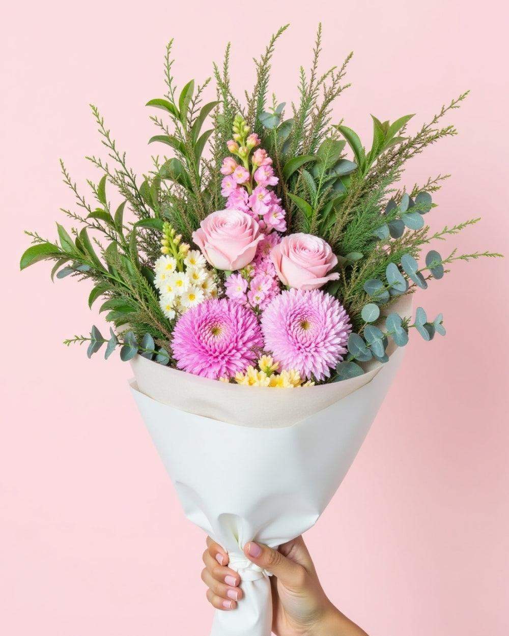 A small flower bouquet featuring two pink roses, two pink chrysanthemum and aa snap dragon as well as greenery. The bouquet is wrapped in white tissue paper and handheld on a pink background.