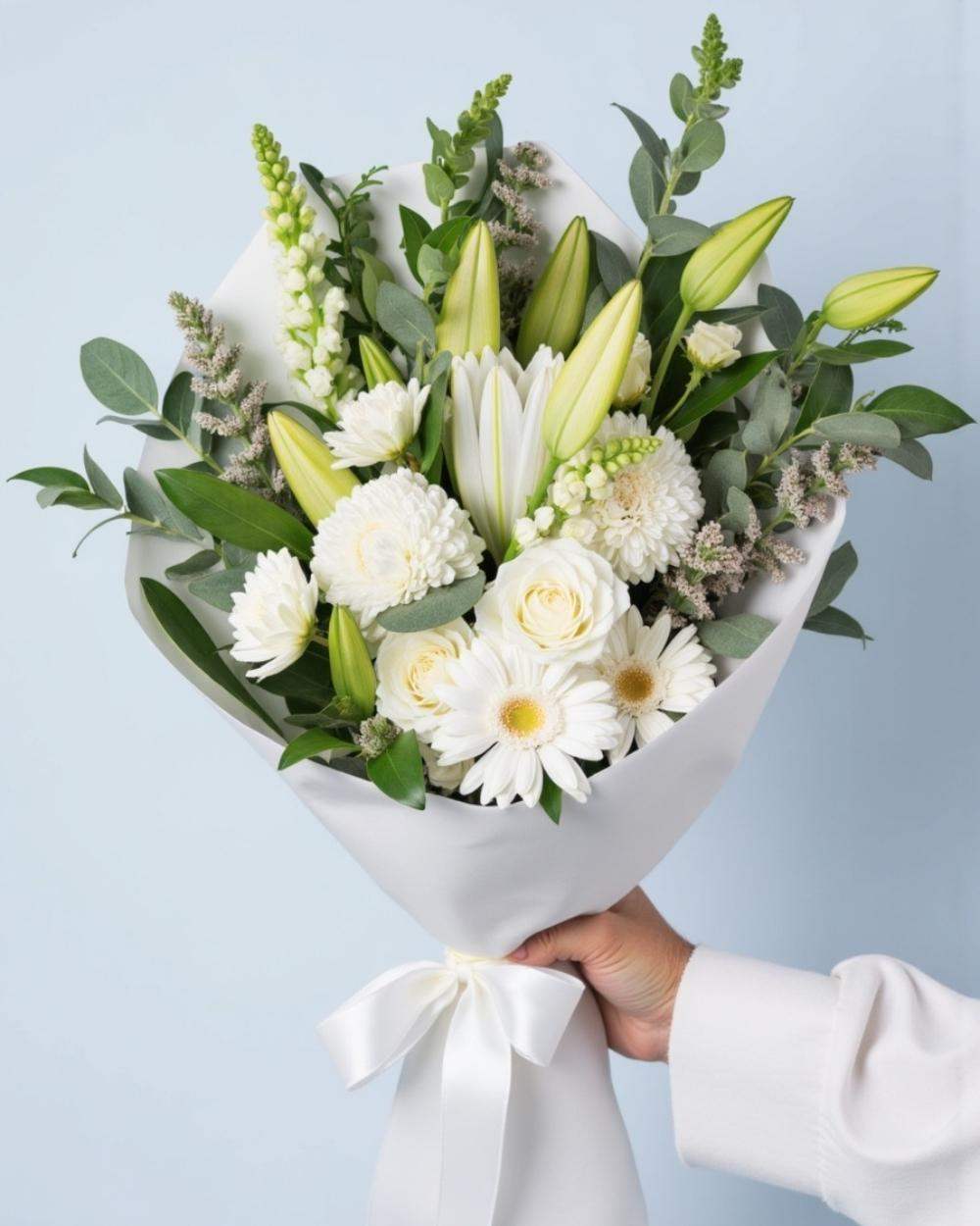 White sympathy bouquet with a mix of flowers. Wrapped in white tissue paper with a white ribbon.