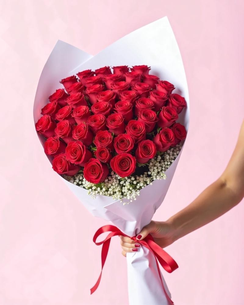 50 red roses and baby's breath wrapped in white tissue paper and handheld against a pink backdrop.