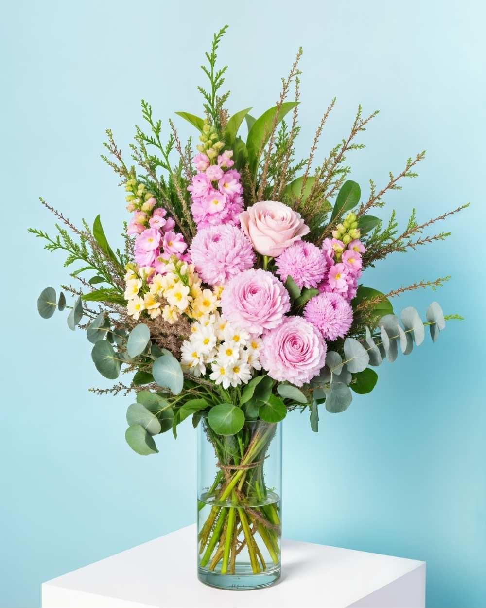 Blossoming Blooms Vase - a vase arrangement of tall, beautiful flowers & greenery. This flower arrangement features pink roses, snapdragon and chrysanthemum.