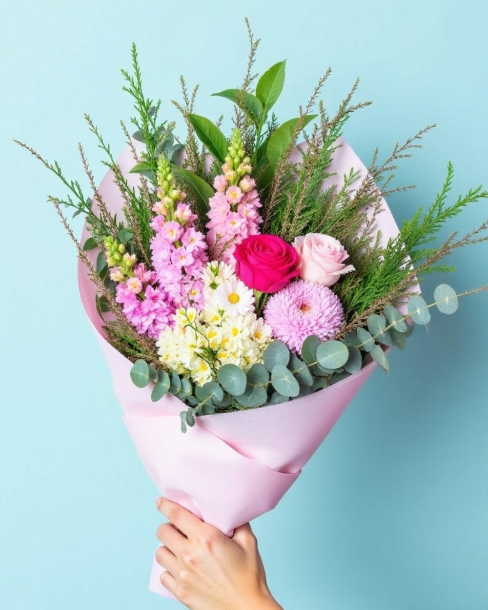 Our Happy Birthday bouquet consisting of 3 pink snapdragons, 2 pink roses, aa pink chrysanthemum, a handful of daisies and greenery.