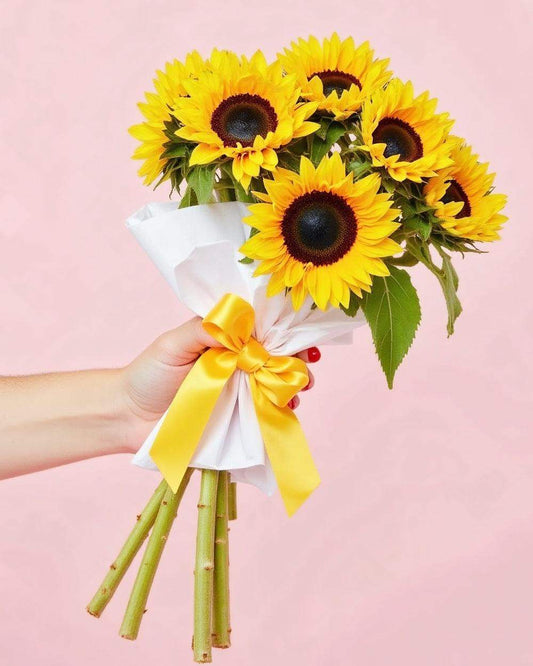 Sunflower Bunch consisting of 6 sunflowers wrapped in white tissue paper with a yellow ribbon.